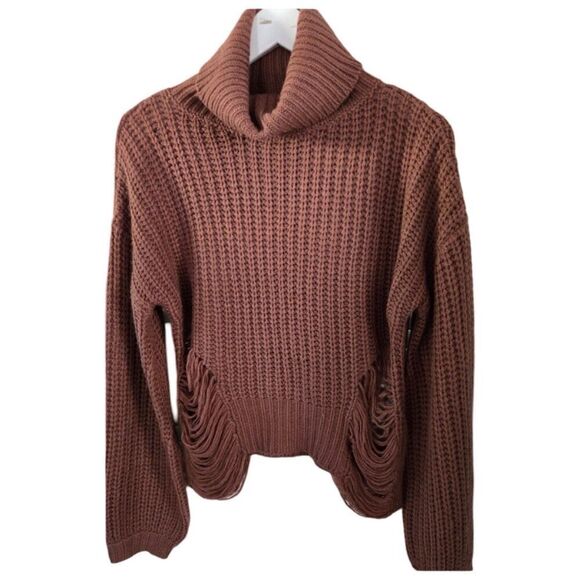 Cotton Candy LA Brown Knit Distressed Turtleneck Sweater M/L - Picture 3 of 8